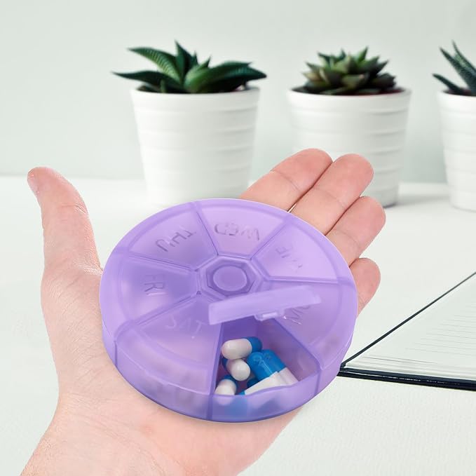 Portable Weekly Pill Organizer (Pack of 2) 7 Day Container,Round Case Travel Friendly,Daily Week Pill Reminder,Vitamin,Supplement,Fish Oil,Medication Planner (Purple)