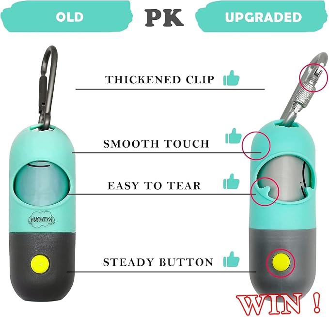 YUCHIYA Dog Poop Bag Holder Dispenser with LED Flashlight(Mint Green) | 100ft Ultra-Bright LED|Glow-in-the-Dark Avacado Clip|Metal Carabiner&Silicone Tether|15 Leak-Proof Scented Waste Bags