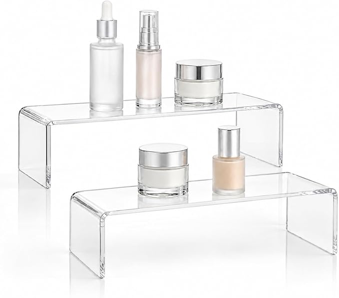 2 Pack Acrylic Medicine Cabinet Organizer Clear Shelves 2 Small | Includes 2 Small 11.4 x 3 x 3.7 Inch Bathroom Shelves with 2 Non Slip Pads for Vanity RV and Cabinet Storage