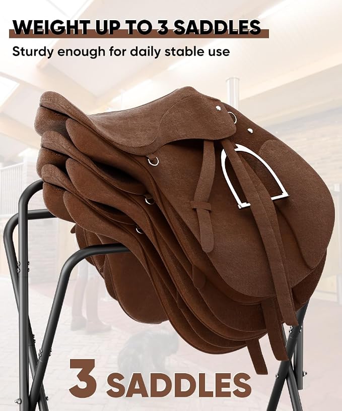 Queension Foldable Saddle Rack with Bottom Storage for Horse Stable, Black | Portable Horse Saddle Stand for English & Western Saddles, Saddle Pad Rack for Horse tack, Horses Blanket