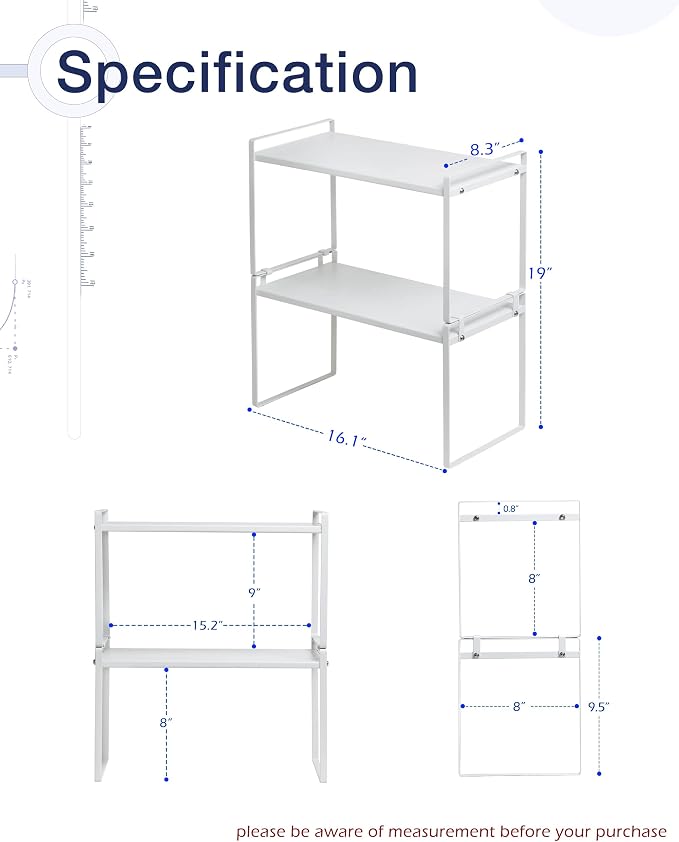 Nxconsu Stackable Cabinet Shelf Organizer 2 Pack, Standard Tall White | Heavy-Duty 3mm Steel Stackable 2-Tier Shelf, Holds 50 lb, for Kitchen Cabinet Pantry Cupboard Counter Bathroom Under Sink