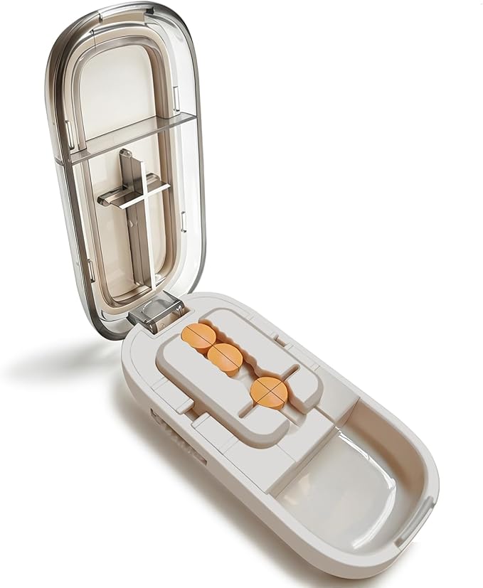 Pill Cutter for Cutting Multiple Pills, 1/2 1/4 Pill Splitter for Large, Small and Tiny Pills, with Improved Sharp Blade, Storage Organizer, Centering Device