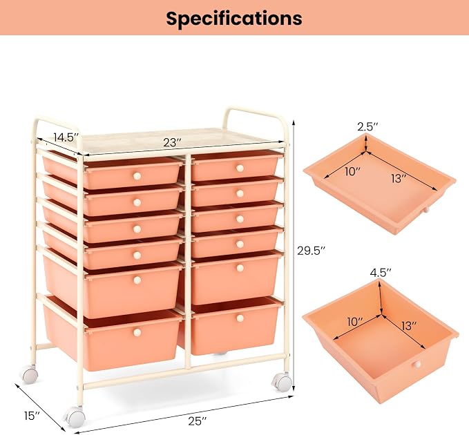12 Drawer Rolling Storage Cart, Art Cart Organizer on Wheels, Mobile Utility Cart with Drawers, Multipurpose Craft Drawers for Home Office School Classroom (Peach)