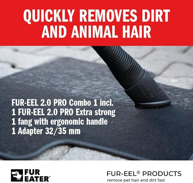 FUR-EEL PRO 2.0 Combo Pet Hair Removal Tool for Car Detailing | Universal Vacuum Attachment for Dog & Cat Hair | Fits 1-1/4" & 1-3/8" Hoses | Replaceable Soft Rubber Head | Washable & Reusable