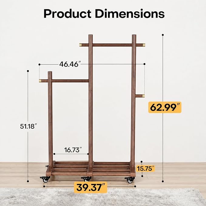 Wooden Clothing Rack, Double Pole Clothes Rack with 4 Hooks & 6 Wheels | Long and Short Clothing Section Design, Load Capacity 360Ib, Garment Rack for Hats, Scarves, Trench Coats, and Shoes