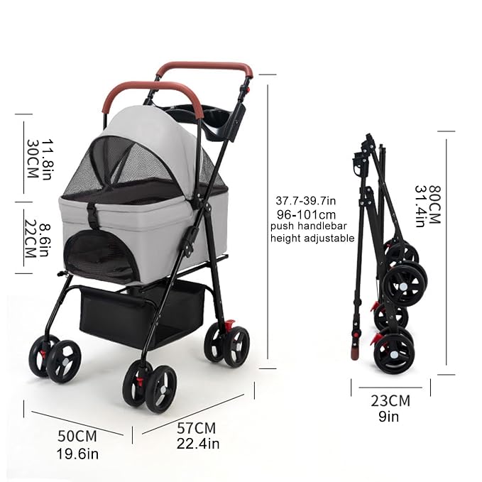 4 Wheels Dog Stroller Folding Pet Strolling Cart for Small Medium Cats Puppies, Dog Stroller, Portable Jogger Travel Camping Puppy Carrier with Storage Basket Cup Holder 1 Set
