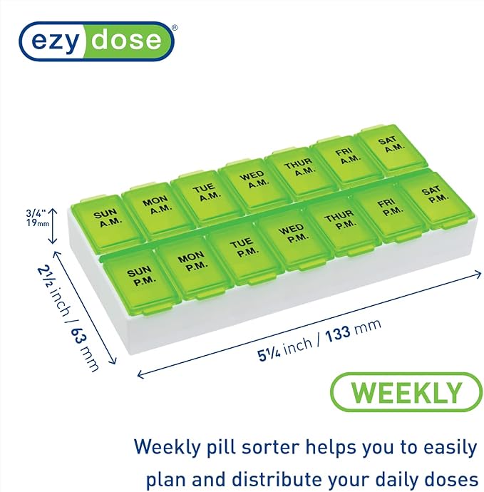 Ezy Dose Weekly (7-Day) AM/PM Pill Organizer, Vitamin Case, and Medicine Box, Medium Compartments, 2 Times a Day, Green, 67375GAMT (Pack of 2)