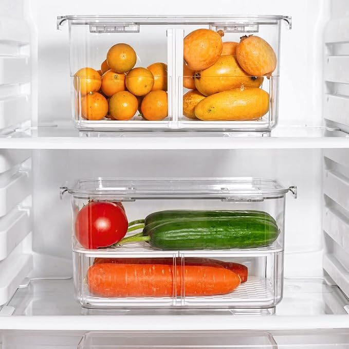 SANNO Produce Saver Fresh Keeper Vegetable Fruit Storage Containers, Refrigerator Fridge Stackable Bins with Lids and Vents, Stackable Salad Lettuce Keeper,BPA-freeContainers Bin-