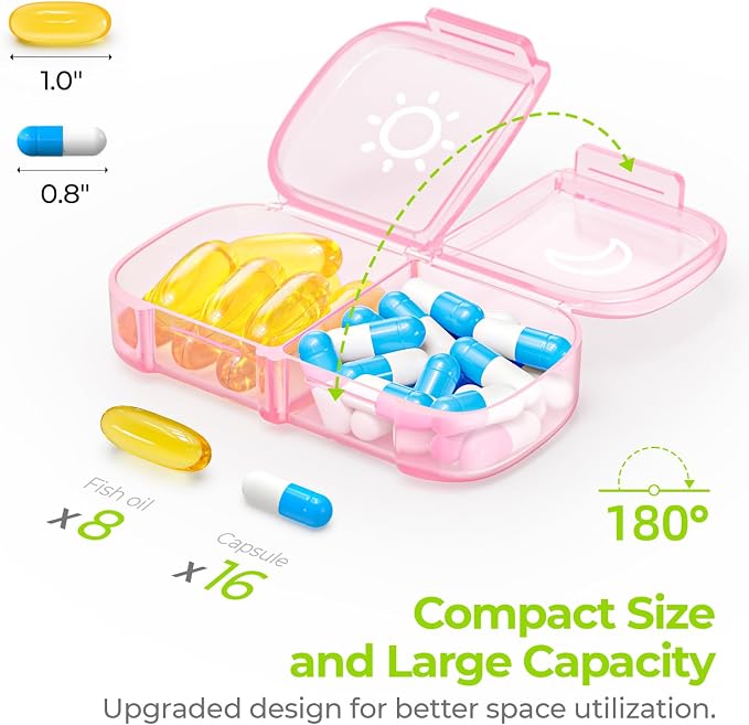 AUVON Weekly Pill Organizer 2 Times a Day, One-Sided Opening, Easy to Use | AM PM Pill Case, XL Pill Box 7 Day, Travel Medication Organizer for Medication, Vitamins, Fish Oils, Supplements, Sakura Pink