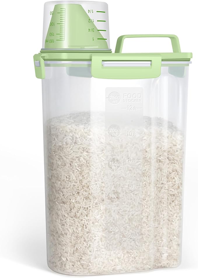 TBMax Small Rice Storage Container -5 Lbs Cereal Dispenser with Measuring Cup, Airtight Dry Food Container Bin for Kitchen Pantry Storage Organization -Green