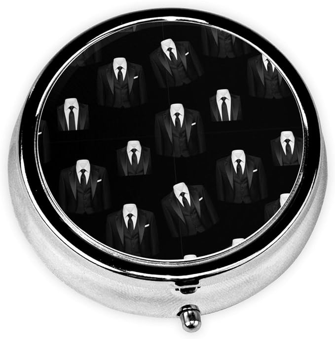 Purse Pill Organizer, Round Portable Case, Waterproof Holder for Vitamins, Mini Travel Box for Urban Commuters, Black Tie Tuxedo