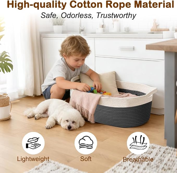 SZEE 2 Pack 30L Large Dog Toy Basket, Nursery Blanket Storage Basket for organizing, Woven Blanket Storage for Living Room, Laundry Basket with Triple-Reinforced Handles, 19.7"×11"×7.9", Brown+Gray
