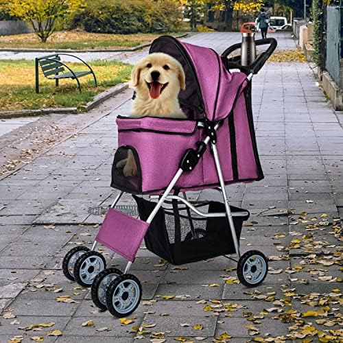 BestPet | 4-Wheel Foldable Pet Stroller | Purple | Lightweight & Portable | Travel Carrier with Mesh Windows, Storage Basket, Cup Holder, Safety Brakes, and Waterproof Fabric | For Small Dogs and Cats