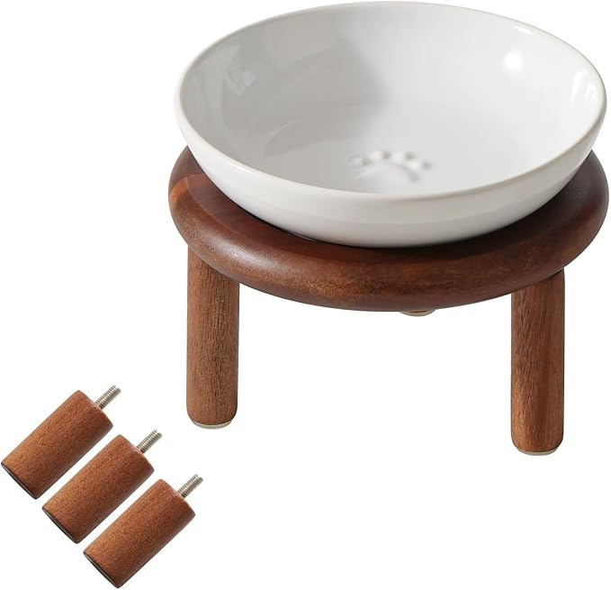 Havniva Elevated Cat Bowls, Ceramic Cat Bowl with Wood Stand, Wide Opening | 5.7” Raised Cat Food Bowls, Whisker Friendly Cat Dish, Anti-Slip Cat Water Bowls, Shallow Cat Bowls, Cat Food & Water Bowl