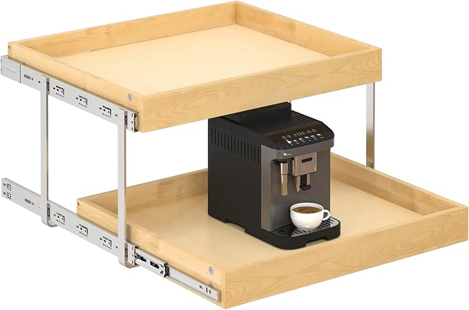 WelFurGeer 2-Tier Pull Out Cabinet Organizer with Soft Close Slides, Heavy-Duty Pull Out Drawers for Cabinets, Slide Out Shelf for Kitchen, Bathroom, Pantry & Under Sink, Solid Birch Wood