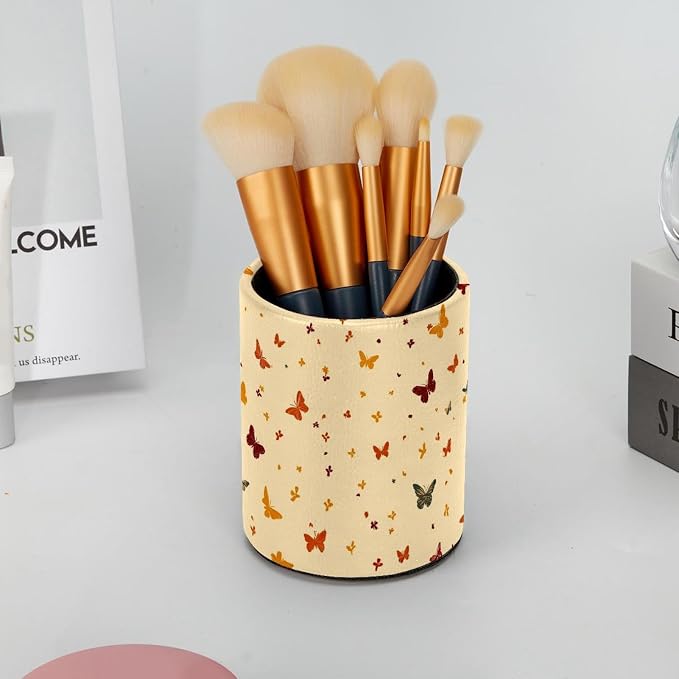Faux Leather Pen Holder for Desk, Pencil Organizer Butterfly Pen Cup Desk Decor Makeup Brush Holder Storage for Office Home