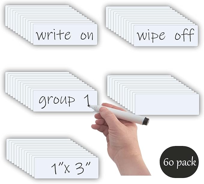 STTMGN Dry Erase Magnetic Labels (1x3,Pack of 60),Write On Magnets Sticker,Real Waterproof/Reusable for Classroom&Office&Cabinet&whiteboard&Fridge&More (White)