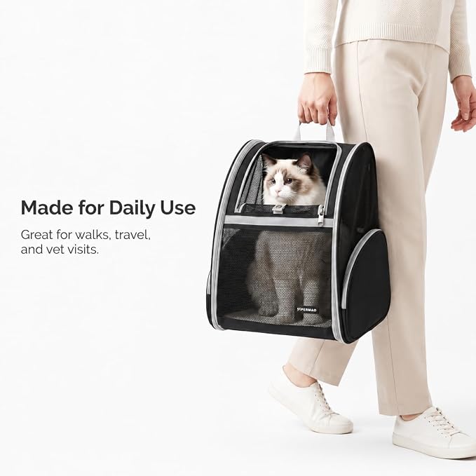 Cat Backpack Carrier for Small Dogs and Medium cat Puppy Kitten Bunny Pet Carrier Backpack Collapsible with Fully Ventilated Mesh with Safety Leash (Black, 12.9" L x 10.62" W x 15.5" H - M)