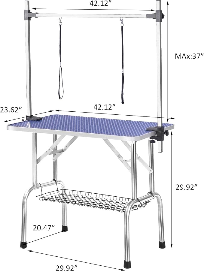 SoarFlash Pet Dog Grooming Table Foldable,Heavy Duty Foldable Pet Grooming Table with Arm & Noose & Mesh Tray, Maximum Capacity Up to 330lbs, 42inch, Blue