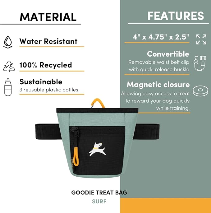 OllyDog, Goodie Treat Bag, Dog Treat Training Pouch | Magnetic Closure | 3 Ways to Wear | Hands-Free Waist Belt | Water-Resistant Recycled Vegan Fabric (Surf)
