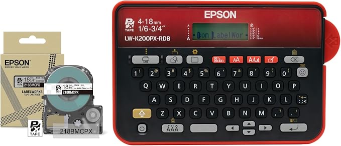LABELWORKS Epson LW-K200PX-RDB Simple Labeler Bundle - QWERTY Label Makers and Black on Clear Matte Label Tape