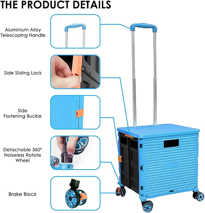 Foldable Utility Cart Portable Collapsible Crate Rolling Carts with Wheels Rolling Tote Basket Teacher Cart with Lid Wear-Resistant 360°Rotate Wheel Noiseless for Shopping Storage Office Use