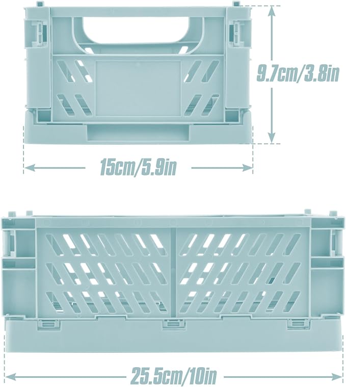 4 Pcs Collapsible Storage Crates, 10x6.5x4 inches Space-Saving Folding Containers, Stackable Plastic Boxes for Home Kitchen Office Bedroom Bathroom, Light Blue, Medium