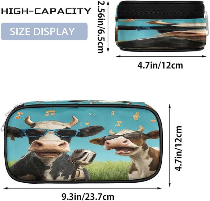 Cute Pencil Case for Girls Boys, Two Music Cows Art Portable Pencil Bags Pouch Pen Case Organizer with Zipper for School College Office