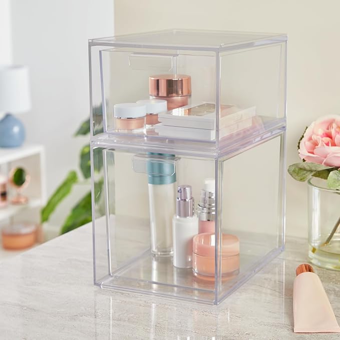 STORi Audrey Stackable Clear Bin Plastic Organizer Drawers | 2 Piece Set | Organize Cosmetics and Beauty Supplies on a Vanity | Made in USA (Pack of 6)