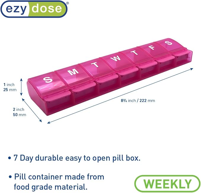 Ezy Dose Weekly (7-Day) Pill Organizer, X-Large Medicine Planner, Pink | Daily Vitamin & Supplement Case, Spacious Push-Button Compartments, Convenient & Easy to Use, Travel-Friendly, BPA-Free