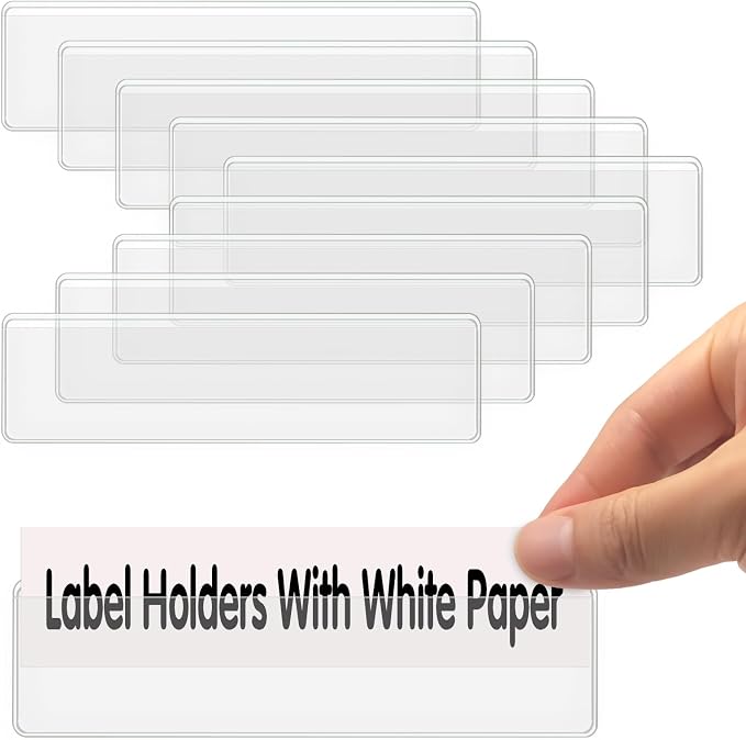 Self Adhesive Label Holders, ELEMGULY 100 Pack Adhesive Shelf Tag Shelf Label Holder Clear Pocket Holder with Paper for Supermarket, Bookshelf, Kitchen (4.3 x 1.2 Inch)