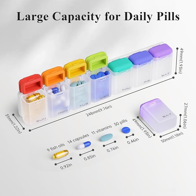 KOVIUU Weekly Pill Organizer, Magnetic Medicine Vitamin Case 1 Time a Day | Week Once Daily Supplement Box, Removable Medication Container Holder for Fridge, 7 Day Large Travel Pill Dispenser, White