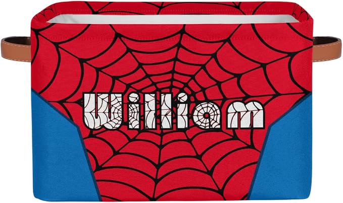 AUUXVA Custom Name Rectangle Storage Basket with Handles, Personalized Spider Web Cube Organizer Bins for Shelves Collapsible Toys Storage Box Clothes Baskets for Nursery Home Kids Room