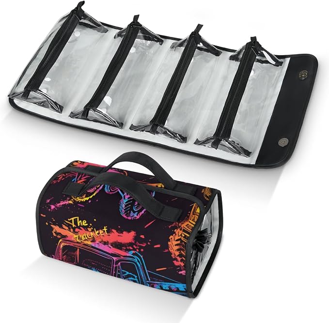 Monster Truck Makeup Bag for Women Hanging Roll-Up Travel Organizer Toiletry Kit with 4 Removable Compartments, Cartoon Cars