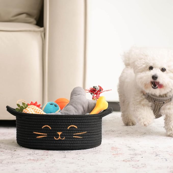 Small Woven Rope Cat Toy Basket with Cat Face Design, Black | 9.8" x 4" Cute Cat Toy Bin & Box for Living Room & Nursery, Boho Gift Basket Empty with Sturdy Handles, Cozy Cats Bed