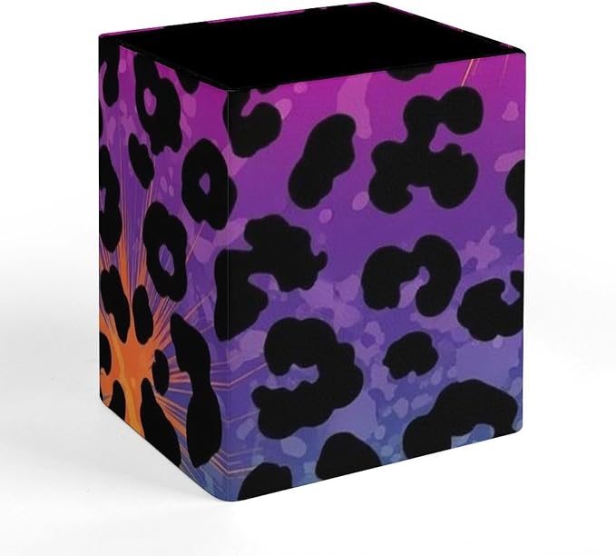 PU Leather Pen Pencil Holder Hot Pink Purple Cheetah Leopard Print Pencil Organizer Desktop Accessories Square Stationery Container Box for Office Work