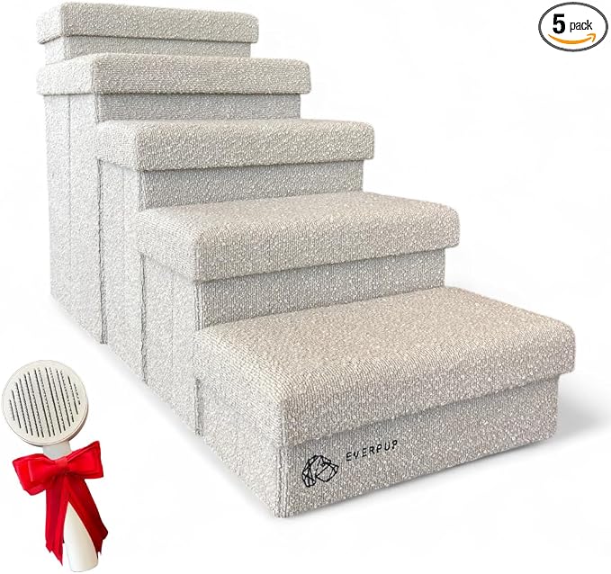 5-Step Dog Stairs for Small, Medium Dogs with Storage Box - Durable Folding Pet Steps, Padded Lid and Container; Dog Steps for Bed and Couch + Hair Brush Gift (Off White, Large, 5.0)