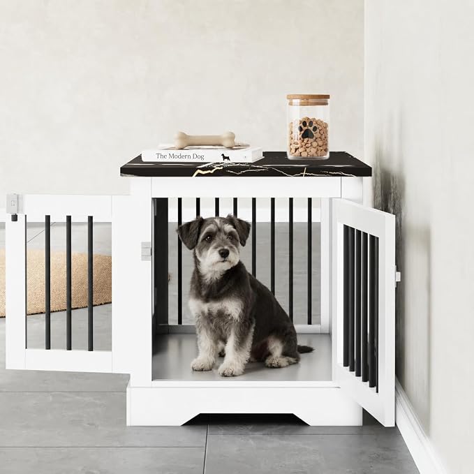 30" Wooden Dog Crate Furniture,Small Kennel Pet Cage End Table for Indoor | for Medium S XS Dogs, White and Black, Fits Living Room Bedroom, Heavy Duty Steel Frame with Lock 25 lbs Cap, 100 lbs Top.