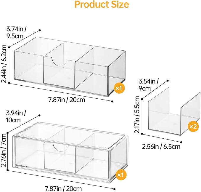 PAVSTINE Medicine Cabinet Organizer 2 Pack, Stackable Storage Drawers with Removable Divider, Make Up Organizer for Bathroom Mirror Cabinets, Vanity, Closet, Countertop - Clear