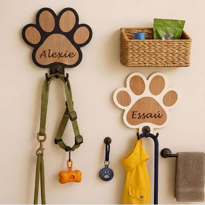 Personalized Wooden Paw Print Pet Leash Holder - Custom Name Engraved Dog Collar & Leash Wall Hook, Decorative Entryway Organizer for Pet Owners
