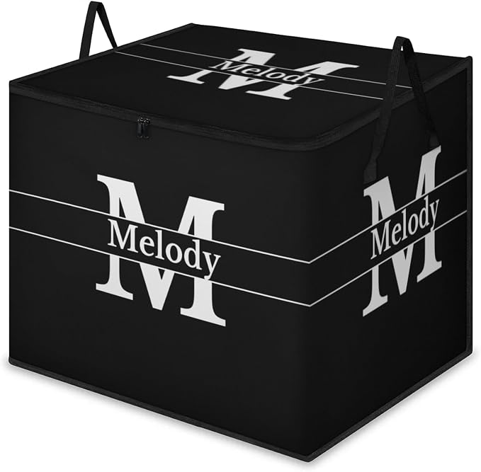 Custom Name Storage Bin with Lid, Personalized Extra Large Black Storage Basket with Handles Zippers for Organizing Comforters, Blankets, Bedding Closet Shelf Baskets, Initial Letter