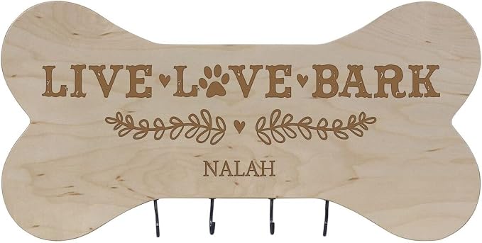 Rooms Organized Personalized Live Love Bark Wall Mounted Dog Bone Pet Leash Rack,Dog Collar Holder New Home Decor Gift Ideas and 4 Hooks 16" L x 8" H 2.5." deep (Maple)