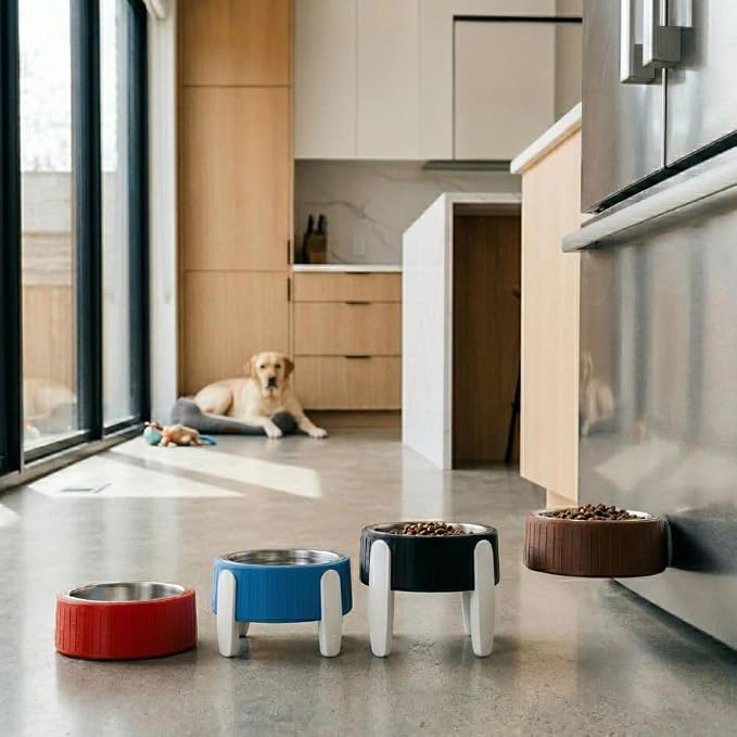 Pet Station Elevated Dog Bowl Stand for 6.8 in. Bowls - 3D Printed Dog Feeder - Adjustable Height Legs and Magnetic Fridge Mount Feeding Station - Made in USA (White, Bowl + Full Combo)