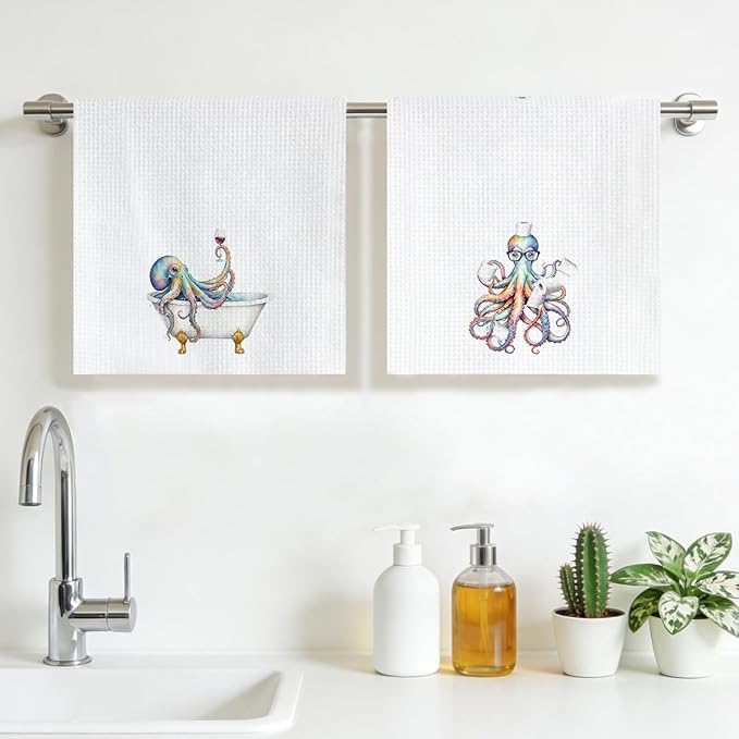 2PCS Funny Octopus Bathroom Towels 24x14 Inch, Octopus Toilet Paper Reusable Durable Microfiber Dish Cloth Hand Towel, Waffle Weave Tea Towels for Bathroom Home Decor, Ocean Gifts for Women Friend