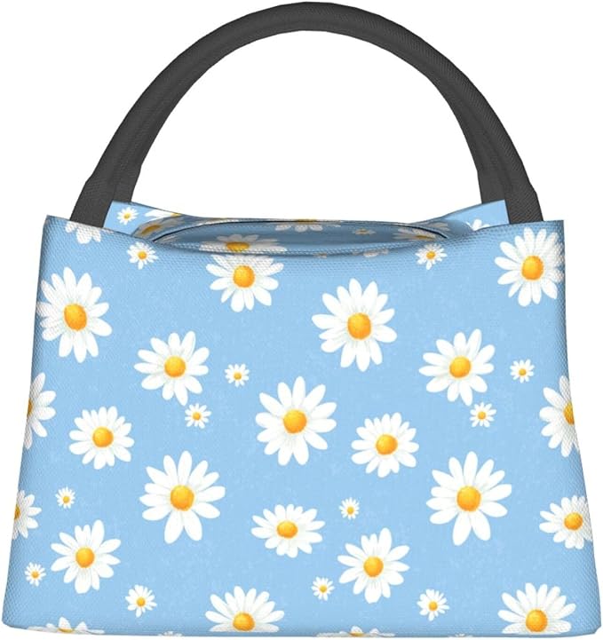 Daisy Flower Insulated Lunch Box for Girls Women,Reusable Tote Bag with White Floral Blue,Portable Lunchbox Handbag,Makeup Bags Organizer Gifts for Work Office Travel Picnic,11x6.3x6.7in