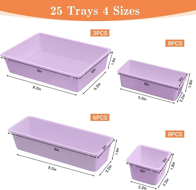 SpaceHacks 25 PCS Plastic Drawer Organizer, 4-Size Versatile Organizer Trays & storage Bins