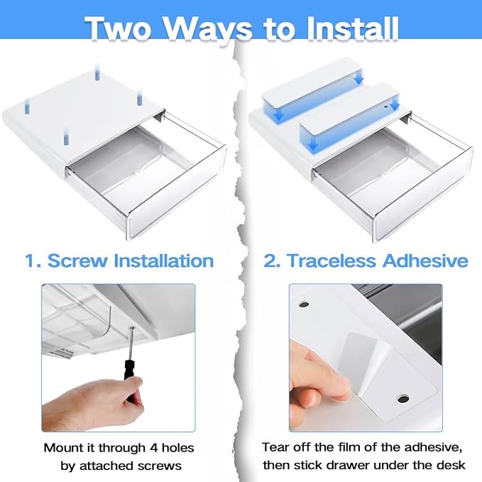 OSPNIEEK Self-adhesive Under Desk Drawer Organizer, 2 Pack Table Hidden Slide Out Large Storage Mounted Desktop Pencil Holder Tray Drawers for Office Home School Stationery Kitchen (Large, White)