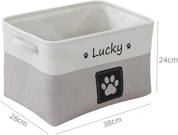 Custom Name Pet Dog Toys Basket/Bin, Paw Custom Personalized Logo Cat Clothes Box Accessories Organize Storage Bin, 4 Patterns Round Paw, Classic Paw, Heart or Name Only (Light Gray)