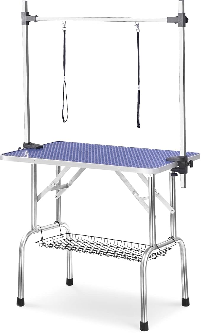 SoarFlash Pet Dog Grooming Table Foldable,Heavy Duty Foldable Pet Grooming Table with Arm & Noose & Mesh Tray, Maximum Capacity Up to 330lbs, 36inch, Blue