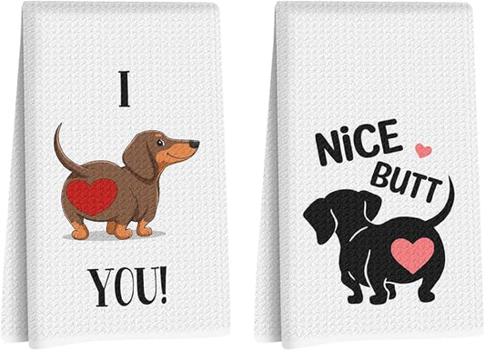 2 Pcs Dachshund Kitchen Towels 24x14 Inch, Dachshund Gifts Reusable Dish Towels for Kitchen Bathroom Decor, Waffle Weave I Love You Hand Cloth Tea Towel, Cute Dog Valentine's Gifts for Girlfriend Wife